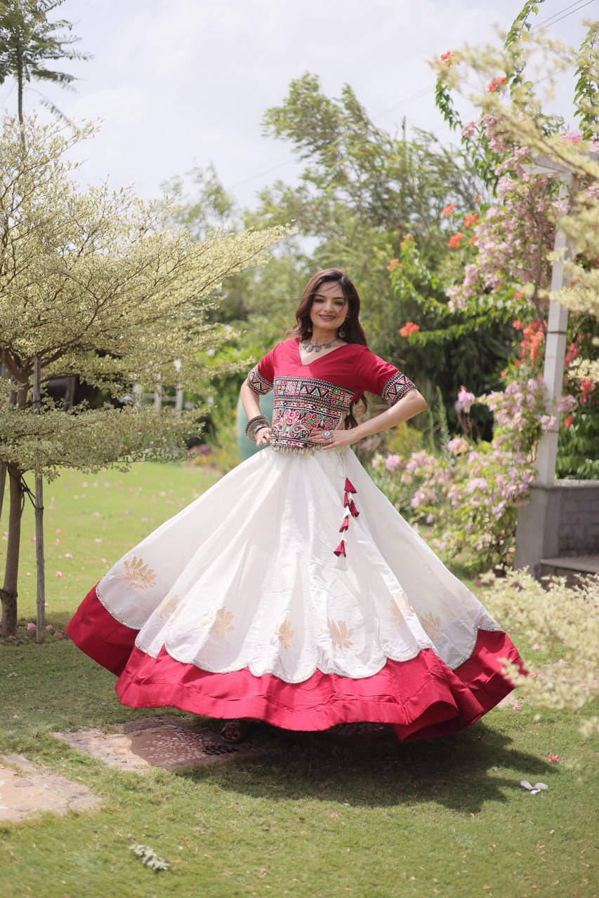 Navratri Roman Fabric Lehenga Choli with Kutchi Gamthi Embroidery