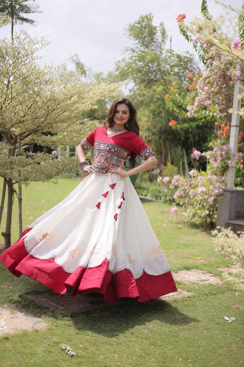 Navratri Roman Fabric Lehenga Choli with Kutchi Gamthi Embroidery