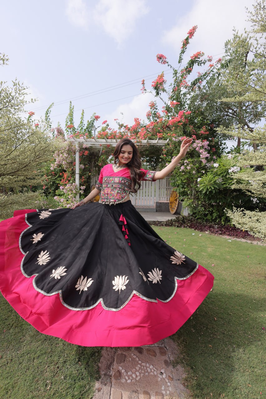 Navratri Roman Fabric Lehenga Choli with Kutchi Gamthi Embroidery