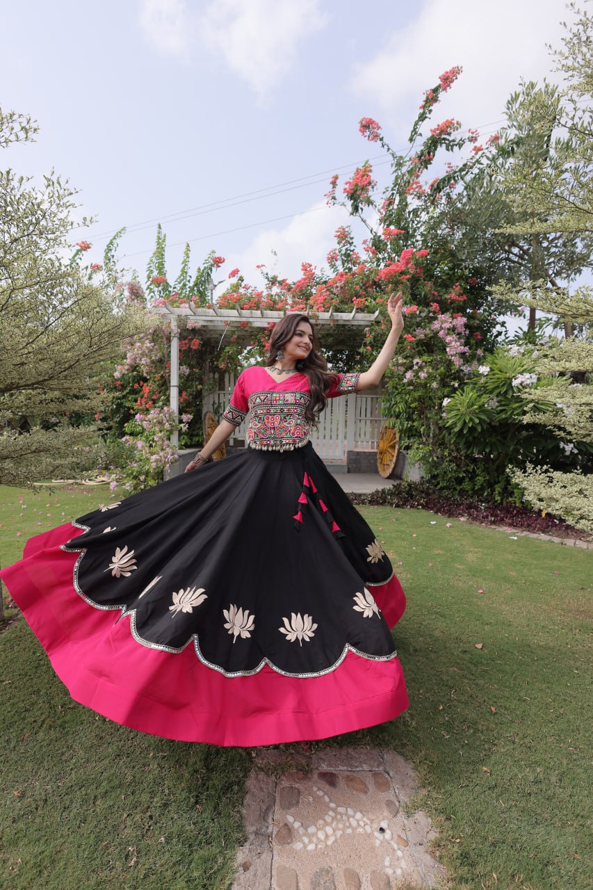 Navratri Roman Fabric Lehenga Choli with Kutchi Gamthi Embroidery
