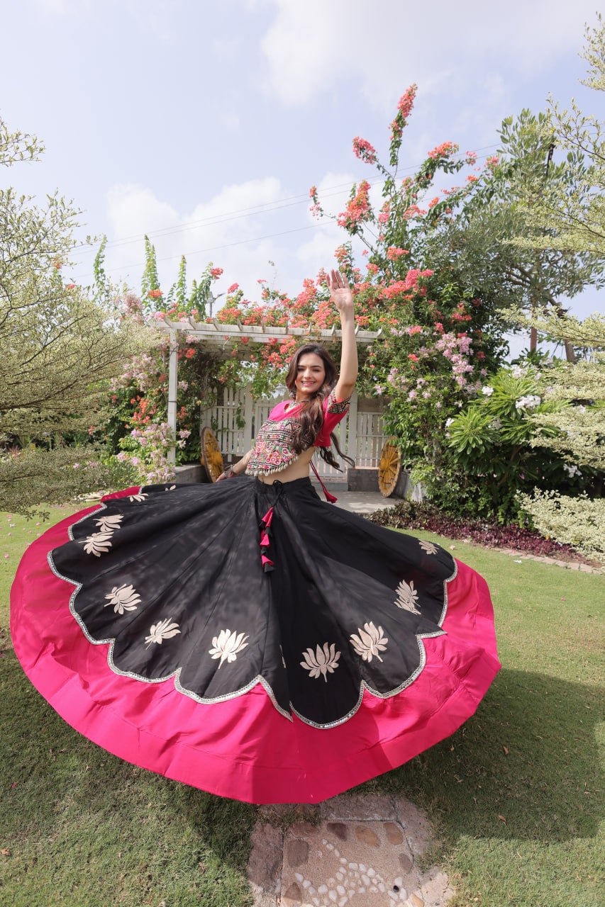 Navratri Roman Fabric Lehenga Choli with Kutchi Gamthi Embroidery