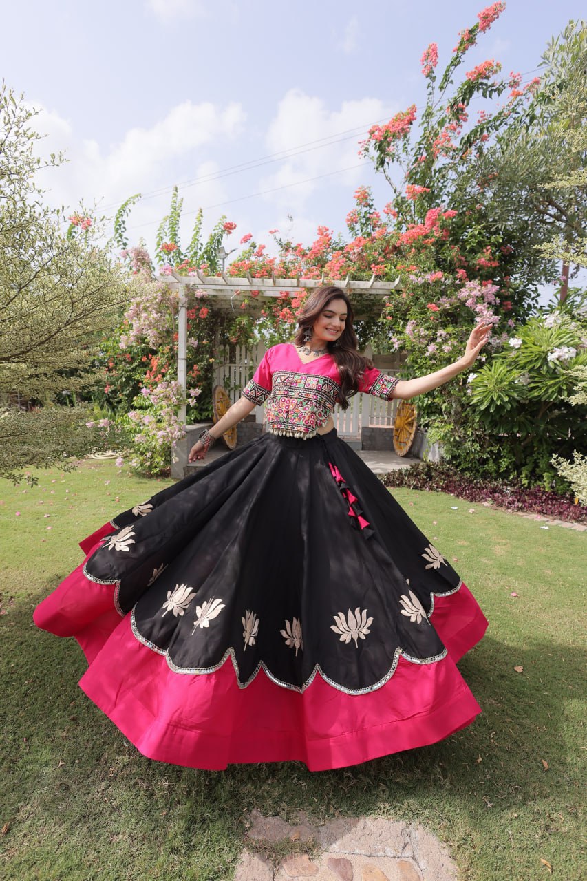 Navratri Roman Fabric Lehenga Choli with Kutchi Gamthi Embroidery