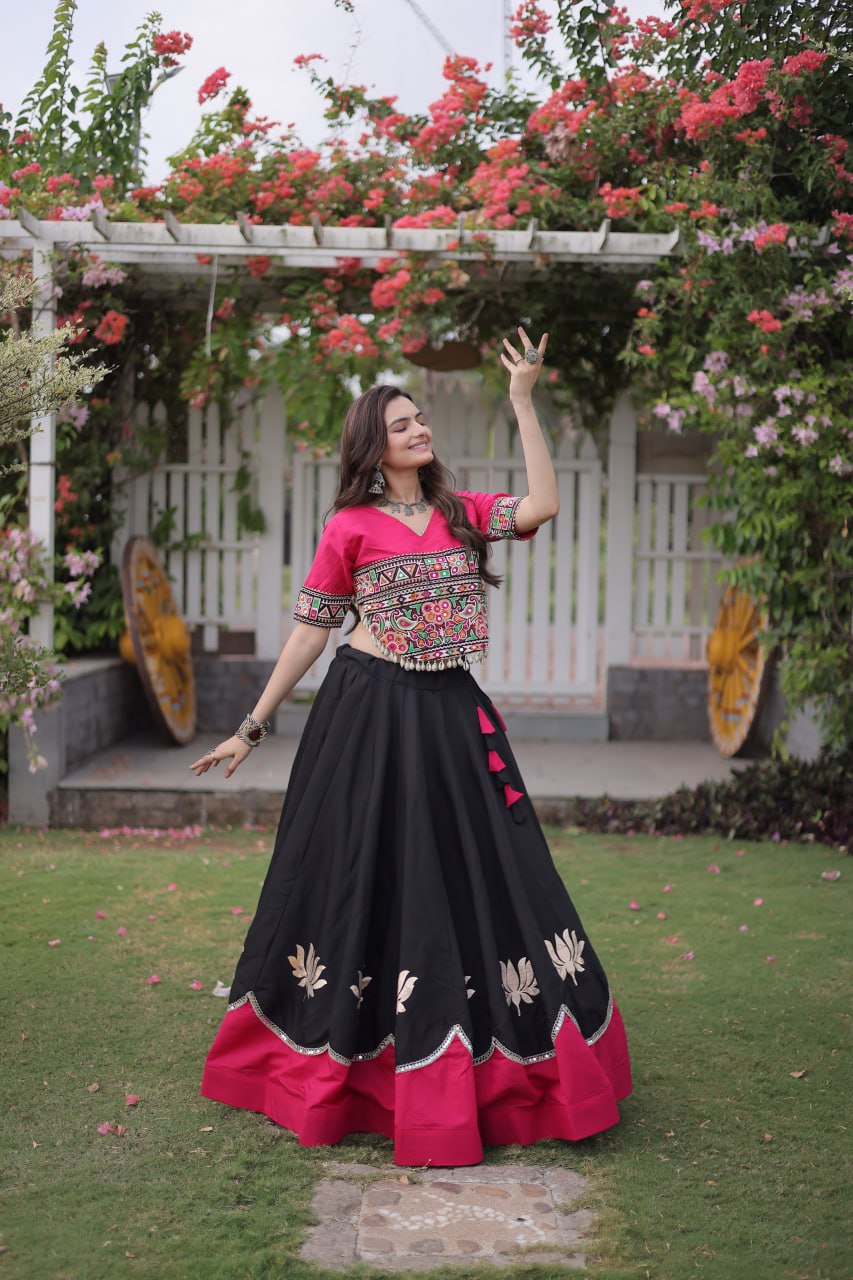 Navratri Roman Fabric Lehenga Choli with Kutchi Gamthi Embroidery