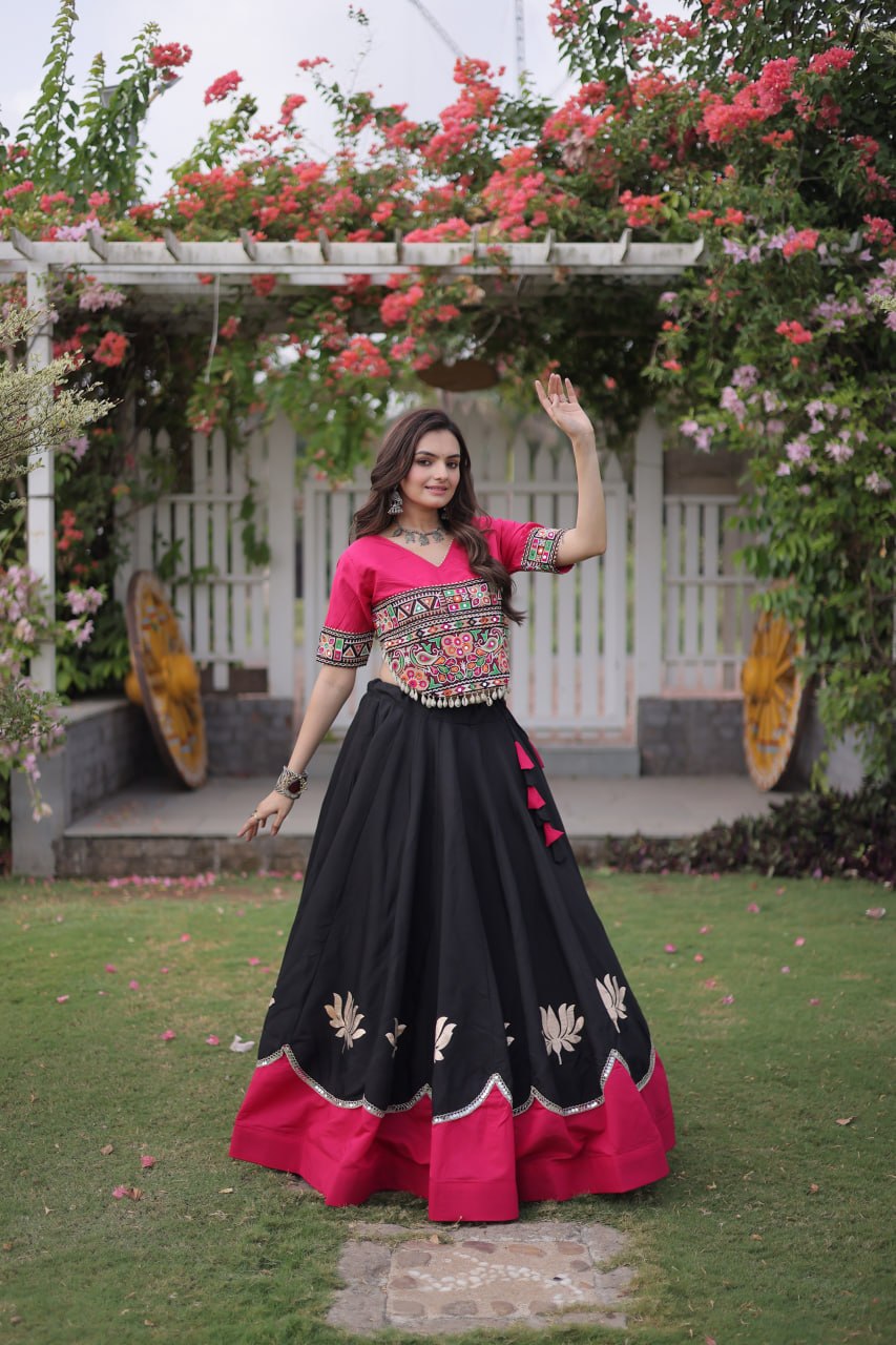 Navratri Roman Fabric Lehenga Choli with Kutchi Gamthi Embroidery