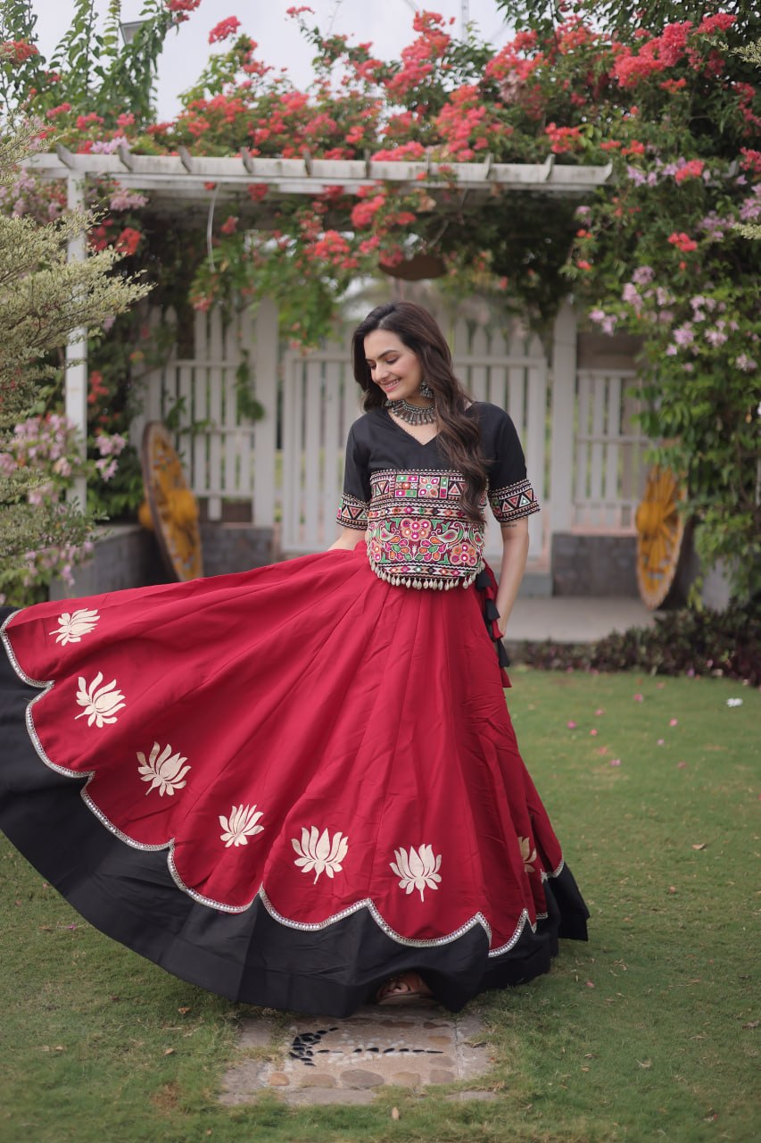 Navratri Roman Fabric Lehenga Choli with Kutchi Gamthi Embroidery