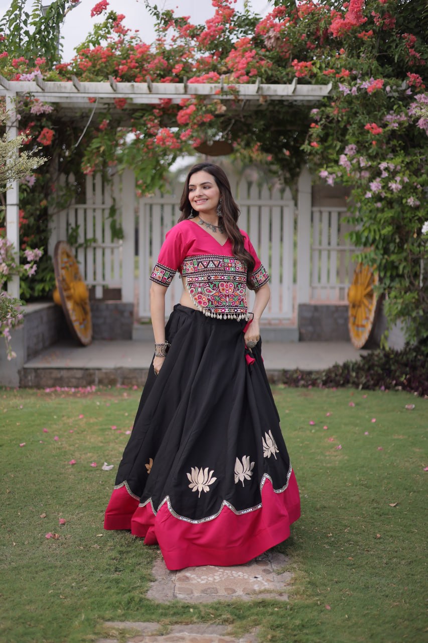 Navratri Roman Fabric Lehenga Choli with Kutchi Gamthi Embroidery