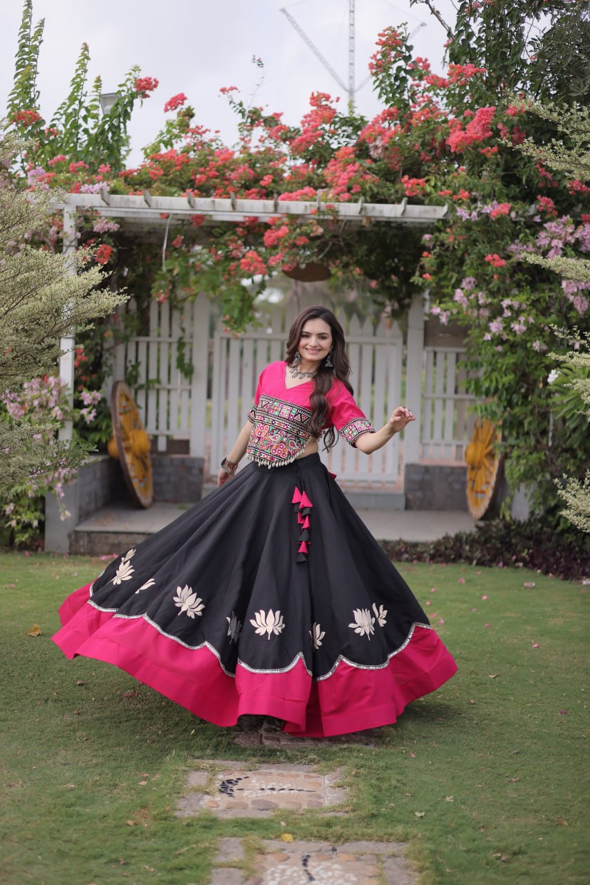 Navratri Roman Fabric Lehenga Choli with Kutchi Gamthi Embroidery
