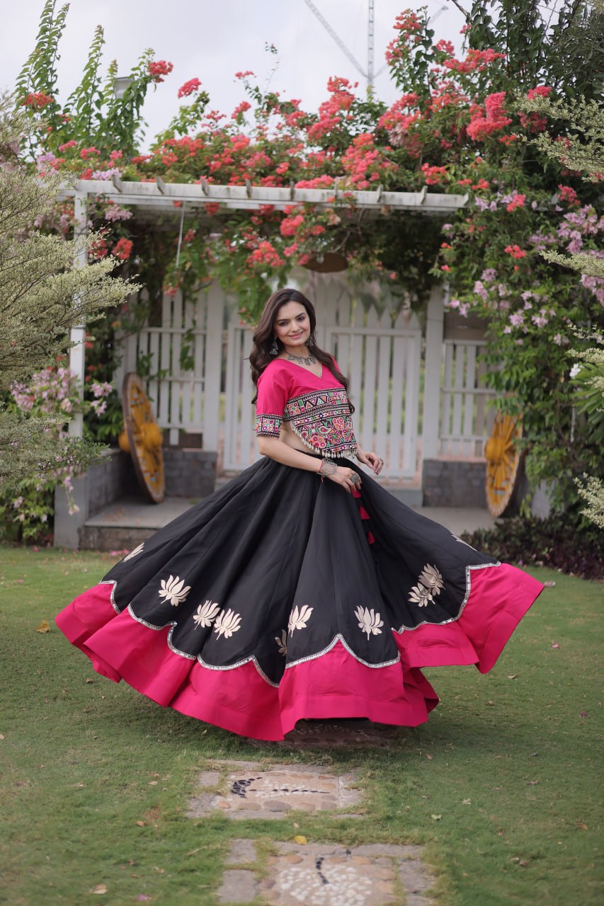 Navratri Roman Fabric Lehenga Choli with Kutchi Gamthi Embroidery