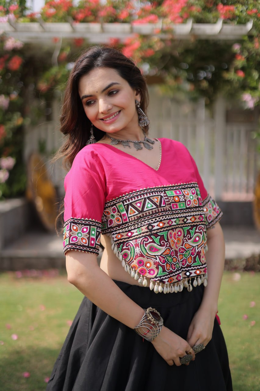 Navratri Roman Fabric Lehenga Choli with Kutchi Gamthi Embroidery