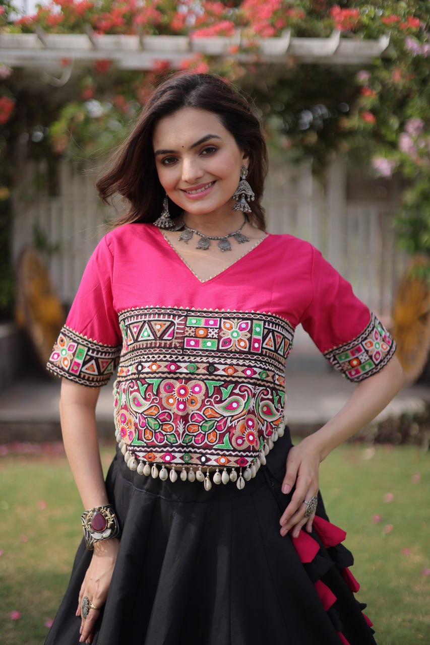 Navratri Roman Fabric Lehenga Choli with Kutchi Gamthi Embroidery
