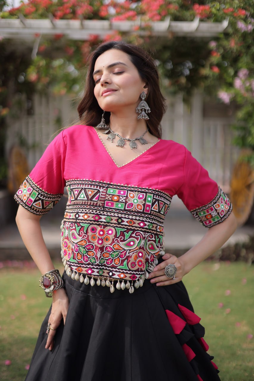 Navratri Roman Fabric Lehenga Choli with Kutchi Gamthi Embroidery