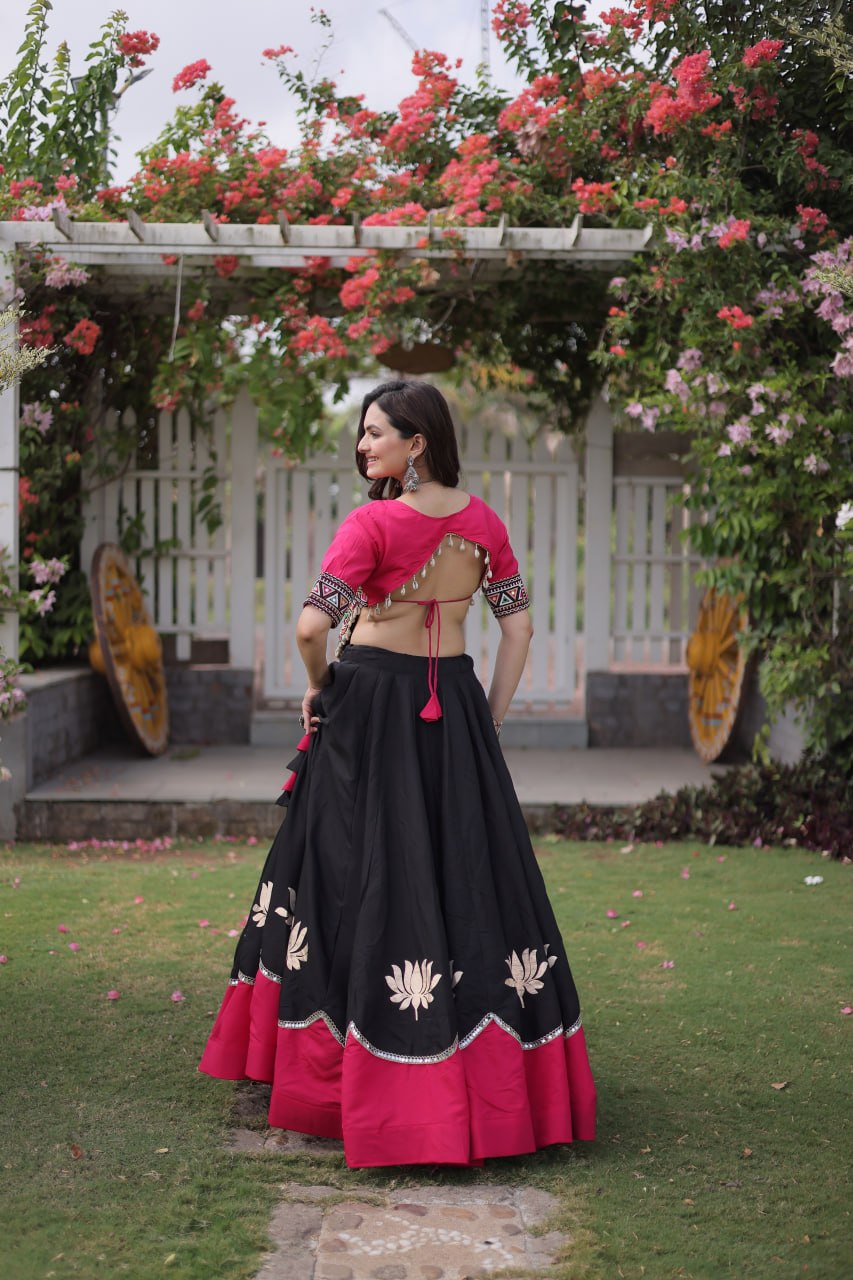 Navratri Roman Fabric Lehenga Choli with Kutchi Gamthi Embroidery