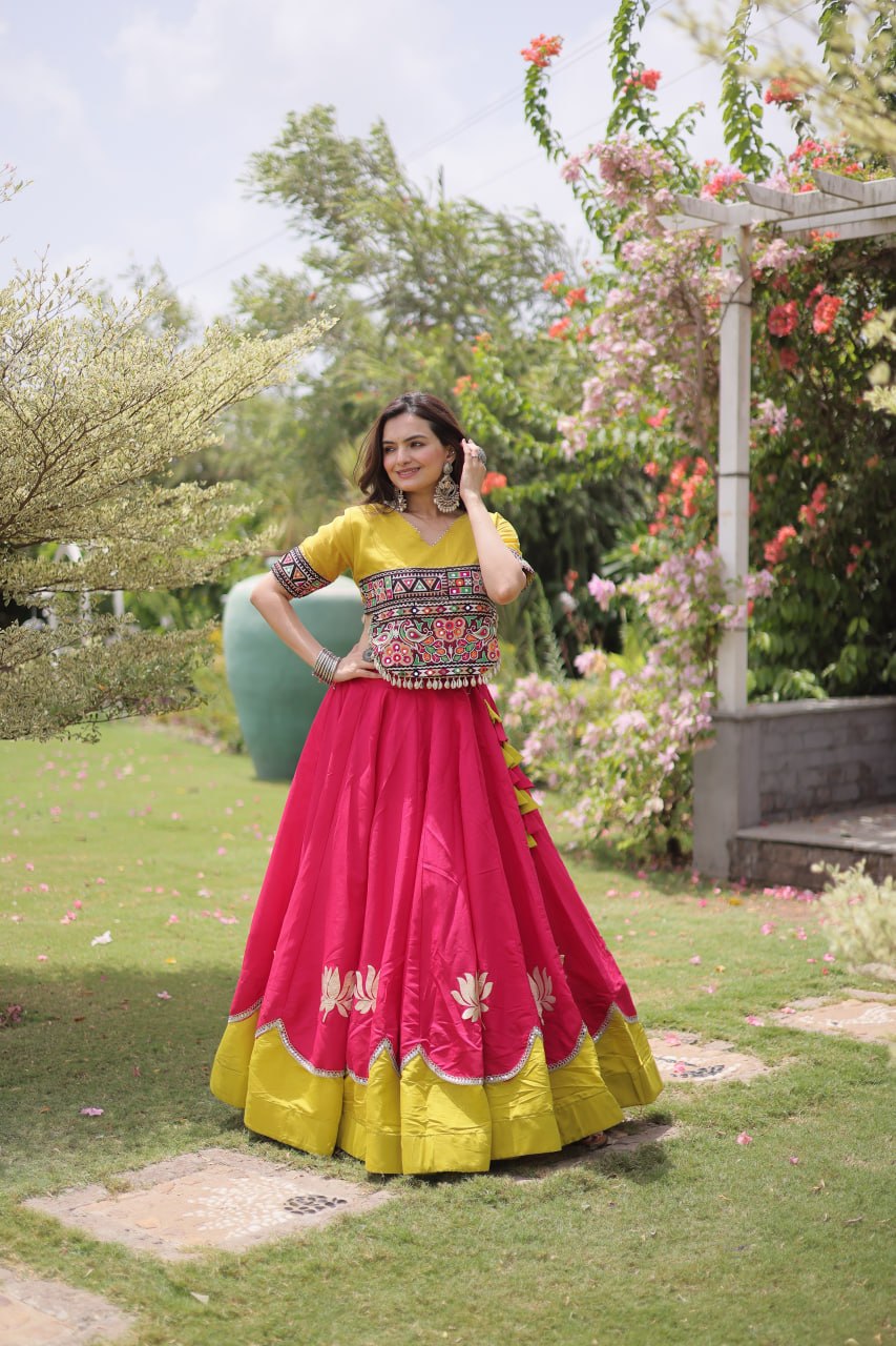 Navratri Roman Fabric Lehenga Choli with Kutchi Gamthi Embroidery
