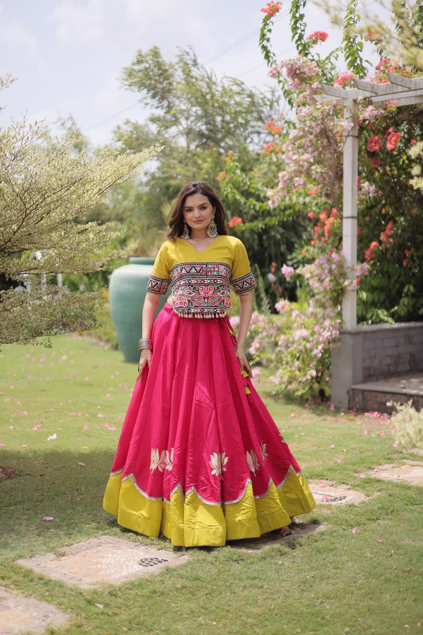 Navratri Roman Fabric Lehenga Choli with Kutchi Gamthi Embroidery