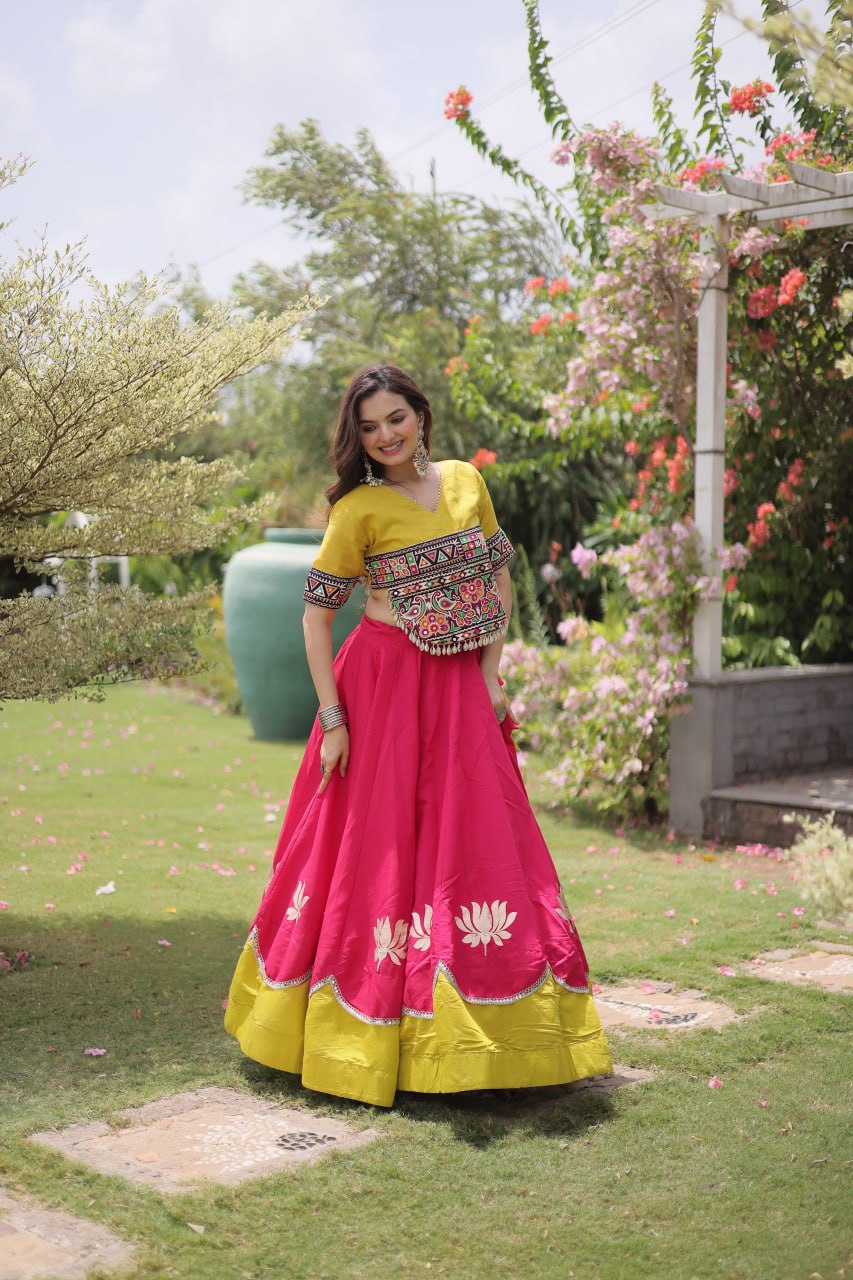 Navratri Roman Fabric Lehenga Choli with Kutchi Gamthi Embroidery