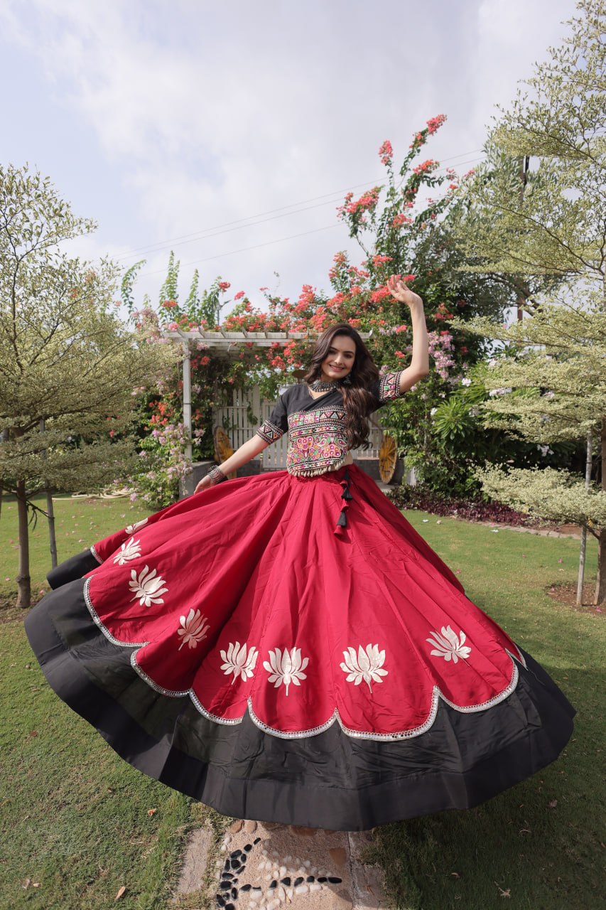 Navratri Roman Fabric Lehenga Choli with Kutchi Gamthi Embroidery