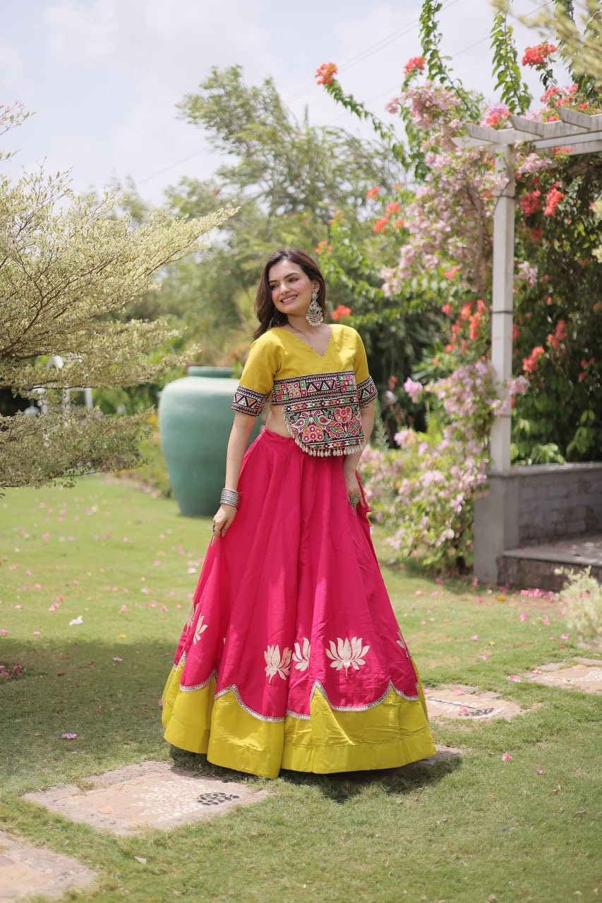 Navratri Roman Fabric Lehenga Choli with Kutchi Gamthi Embroidery