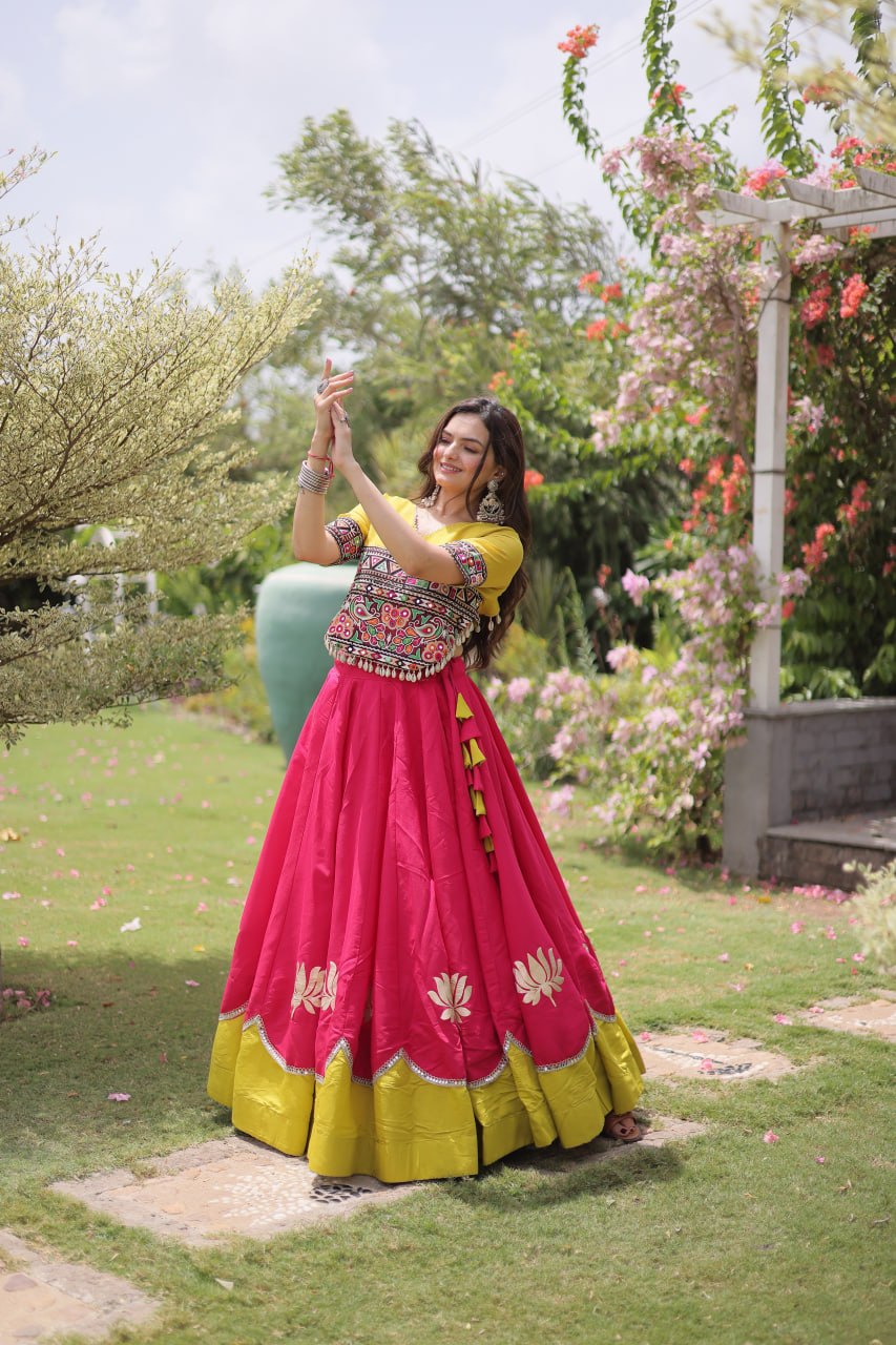 Navratri Roman Fabric Lehenga Choli with Kutchi Gamthi Embroidery