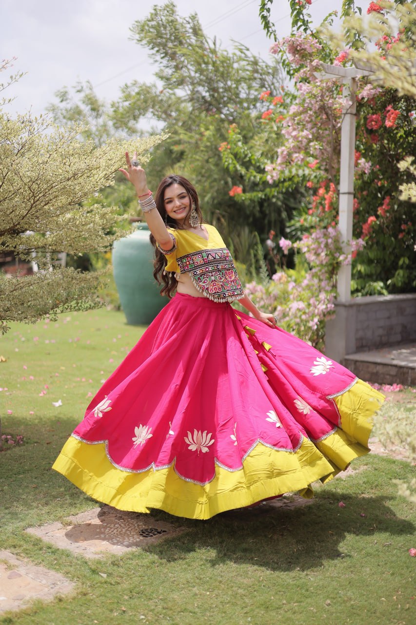 Navratri Roman Fabric Lehenga Choli with Kutchi Gamthi Embroidery