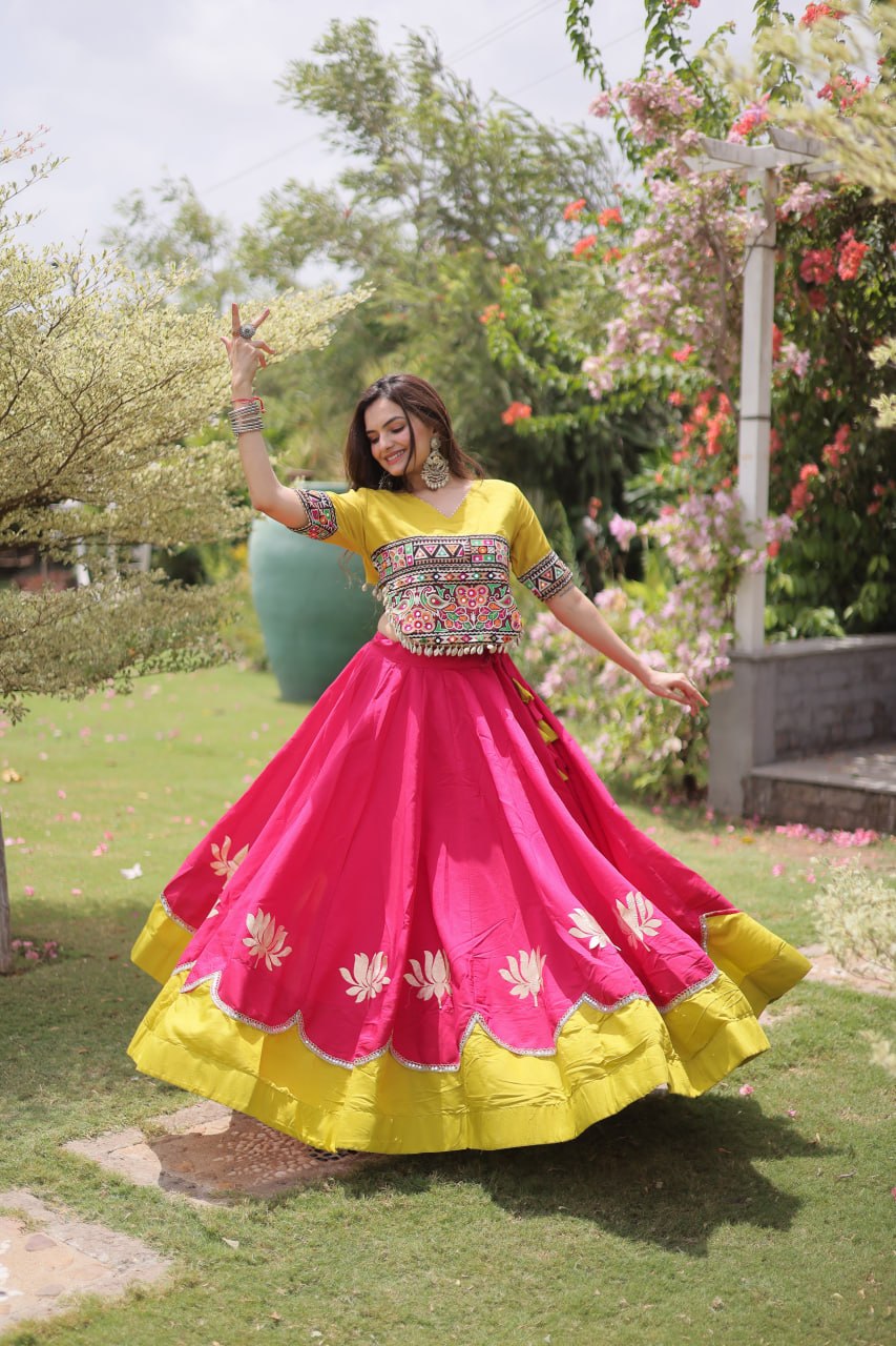 Navratri Roman Fabric Lehenga Choli with Kutchi Gamthi Embroidery