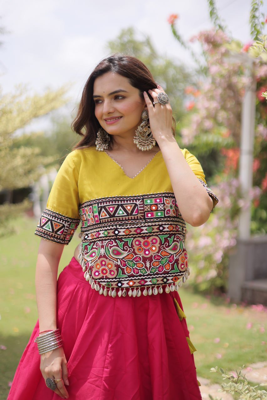 Navratri Roman Fabric Lehenga Choli with Kutchi Gamthi Embroidery