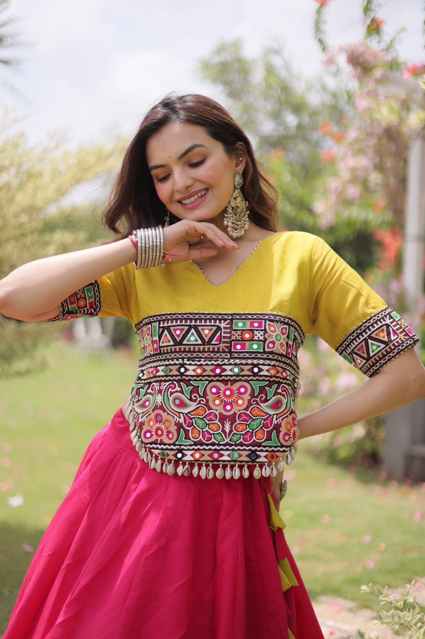 Navratri Roman Fabric Lehenga Choli with Kutchi Gamthi Embroidery