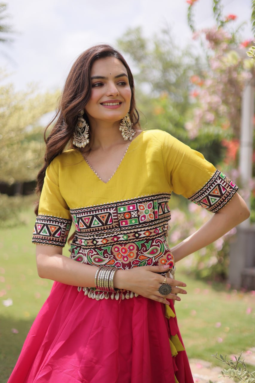 Navratri Roman Fabric Lehenga Choli with Kutchi Gamthi Embroidery