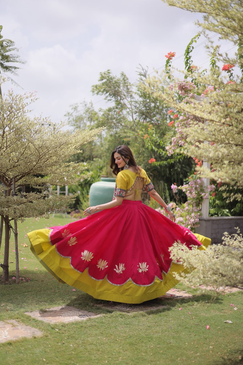 Navratri Roman Fabric Lehenga Choli with Kutchi Gamthi Embroidery
