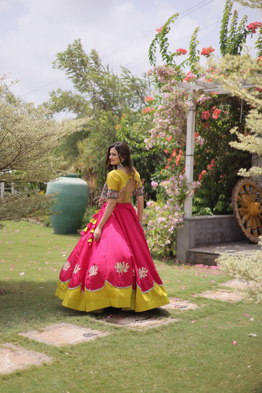 Navratri Roman Fabric Lehenga Choli with Kutchi Gamthi Embroidery