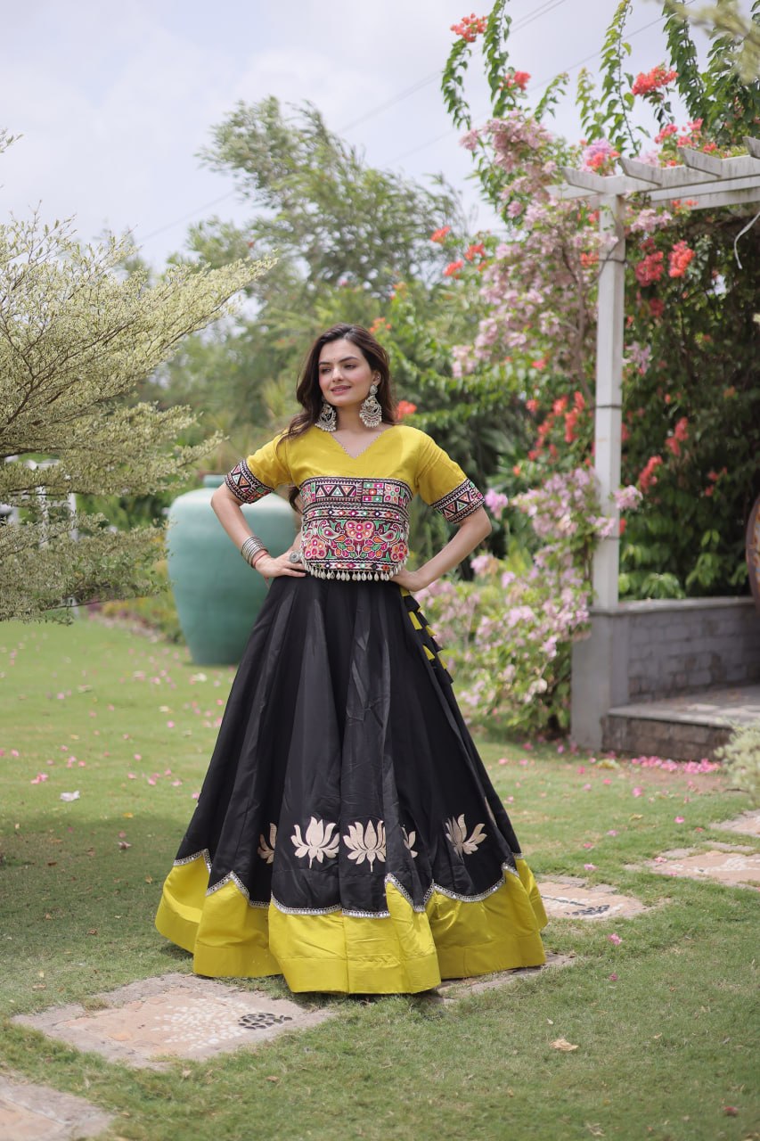 Navratri Roman Fabric Lehenga Choli with Kutchi Gamthi Embroidery