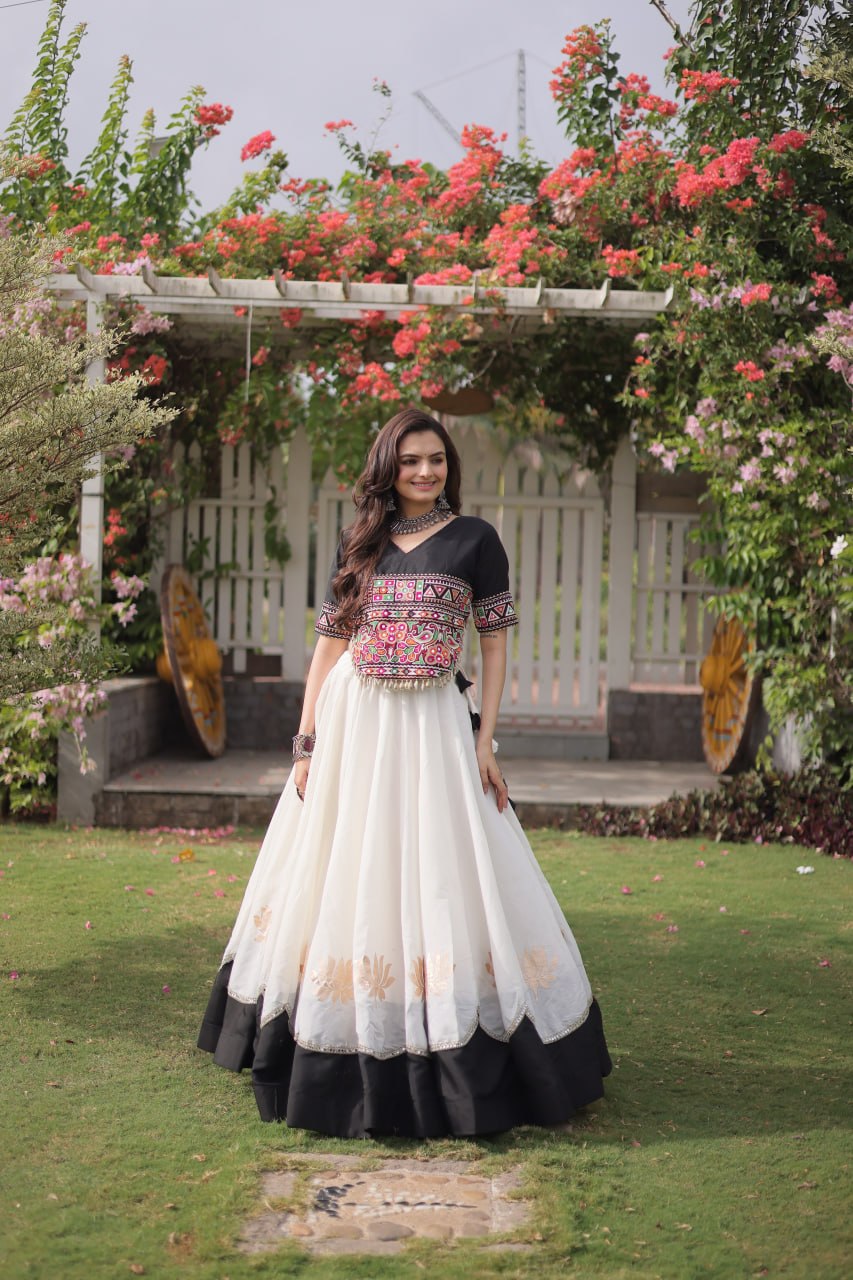 Navratri Roman Fabric Lehenga Choli with Kutchi Gamthi Embroidery
