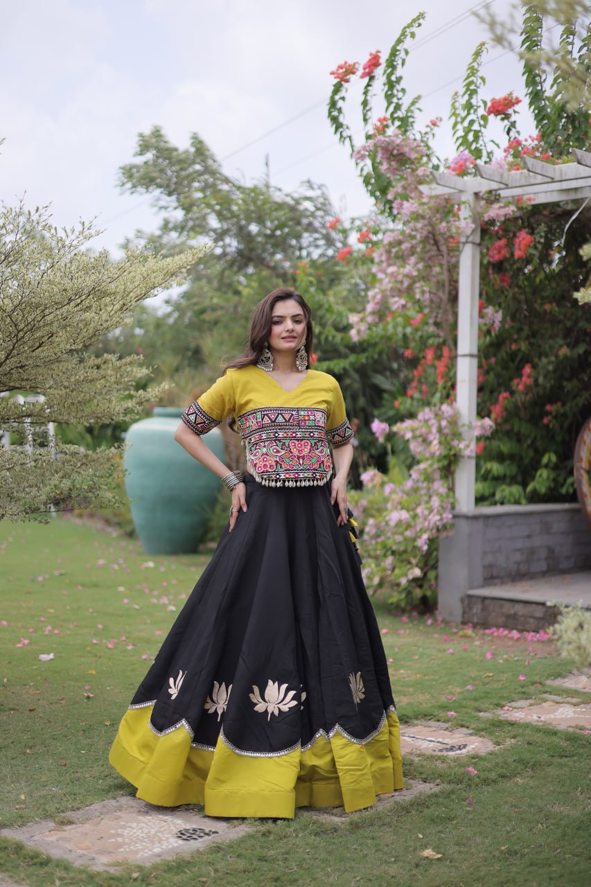 Navratri Roman Fabric Lehenga Choli with Kutchi Gamthi Embroidery