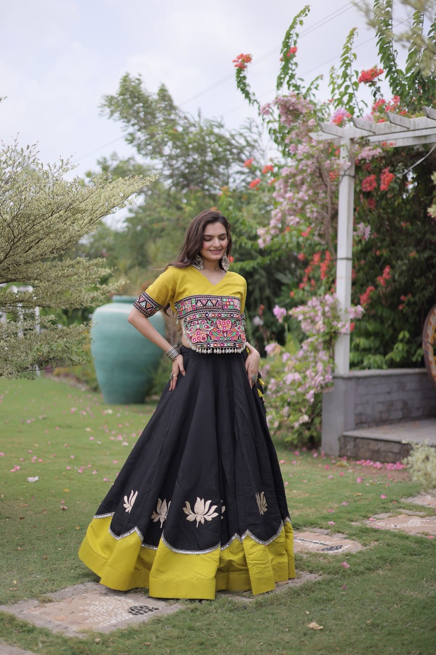 Navratri Roman Fabric Lehenga Choli with Kutchi Gamthi Embroidery