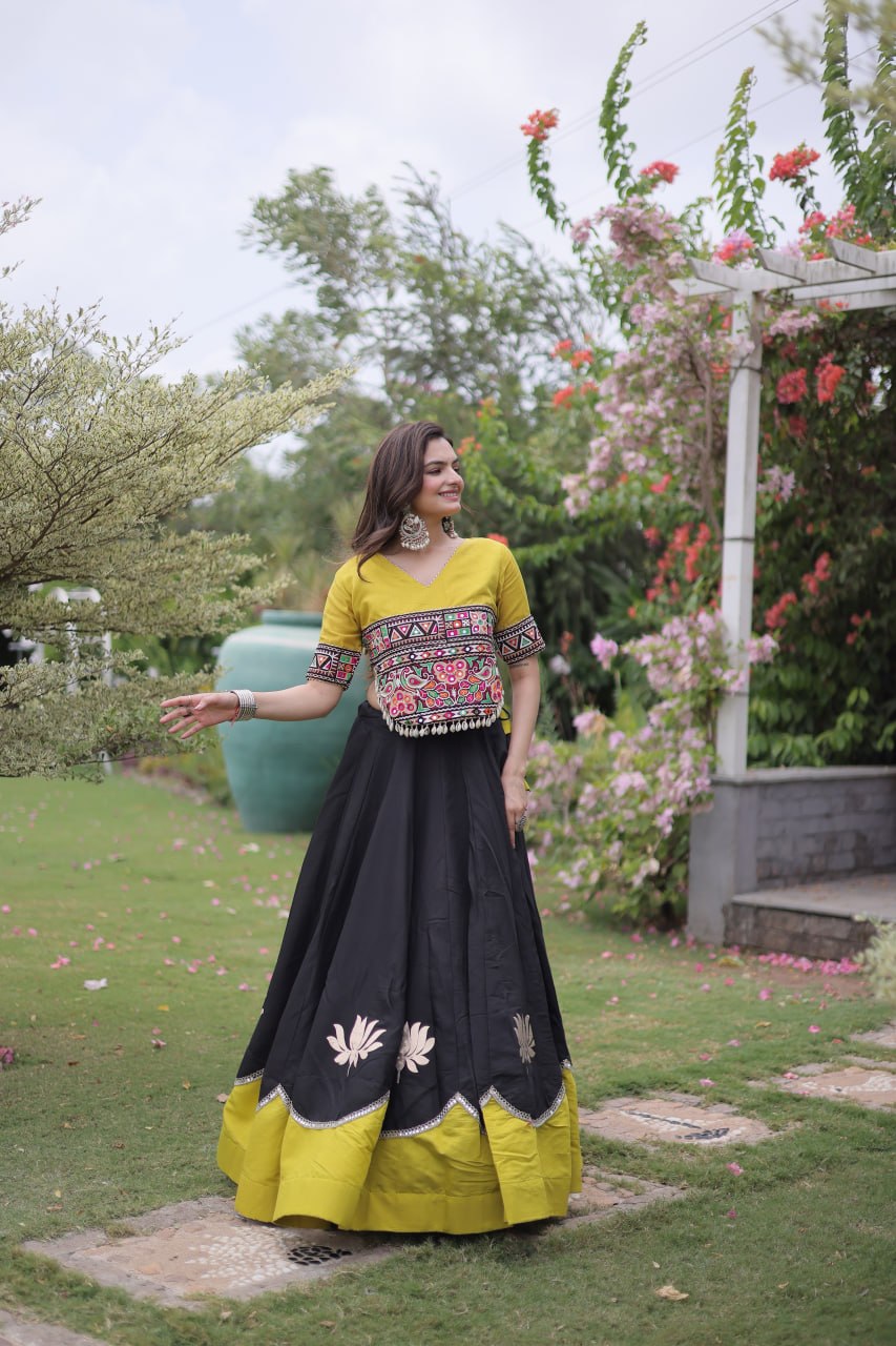 Navratri Roman Fabric Lehenga Choli with Kutchi Gamthi Embroidery