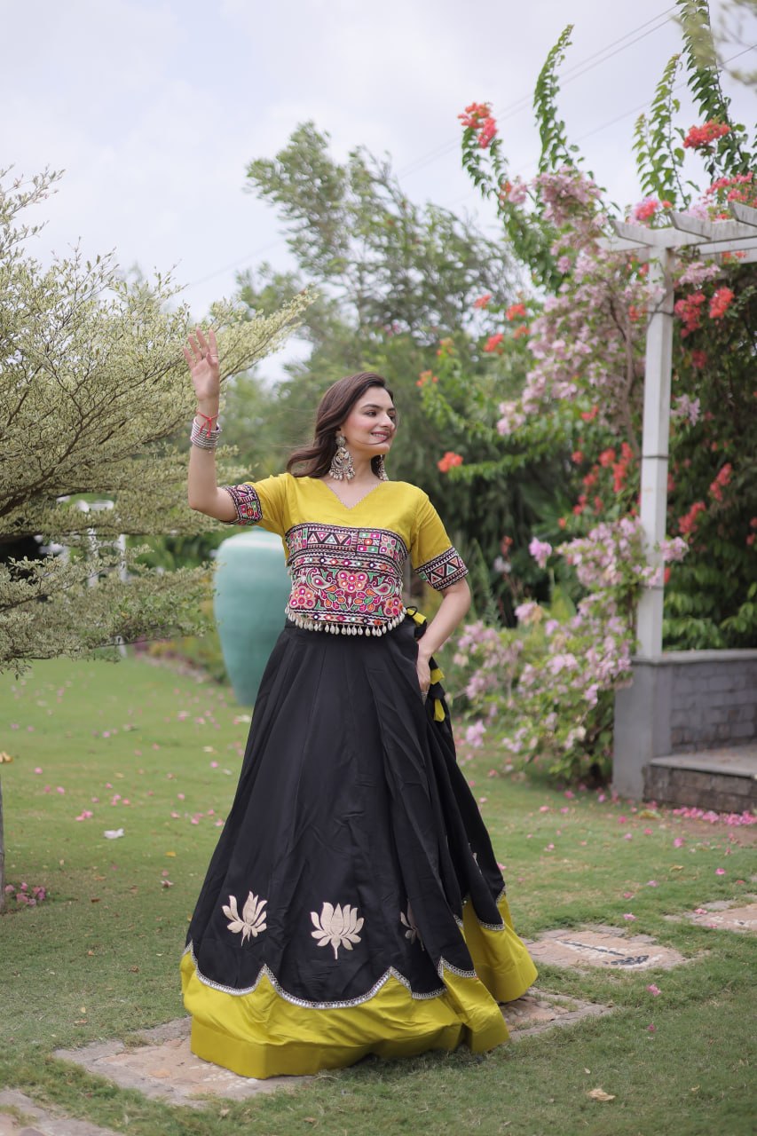 Navratri Roman Fabric Lehenga Choli with Kutchi Gamthi Embroidery