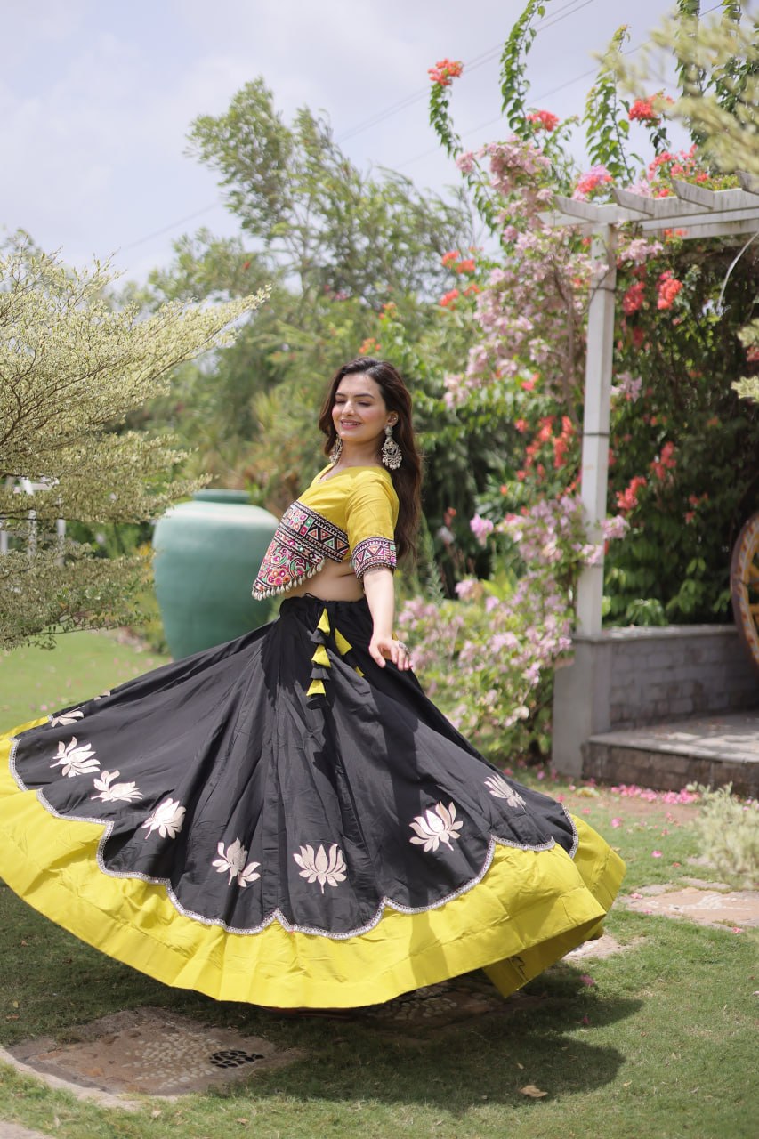 Navratri Roman Fabric Lehenga Choli with Kutchi Gamthi Embroidery