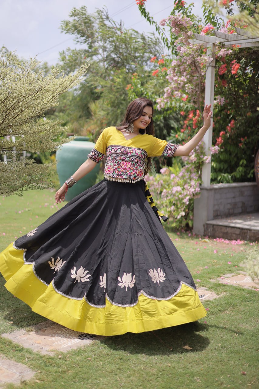 Navratri Roman Fabric Lehenga Choli with Kutchi Gamthi Embroidery