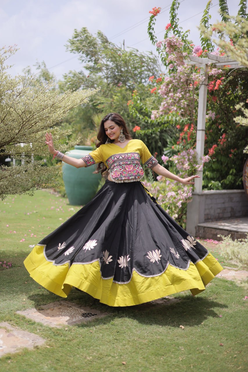 Navratri Roman Fabric Lehenga Choli with Kutchi Gamthi Embroidery