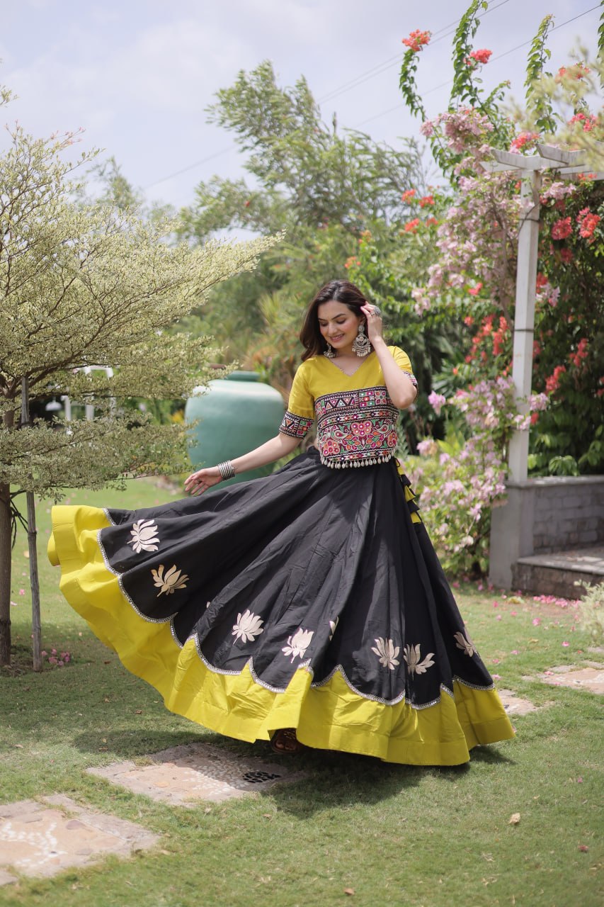 Navratri Roman Fabric Lehenga Choli with Kutchi Gamthi Embroidery