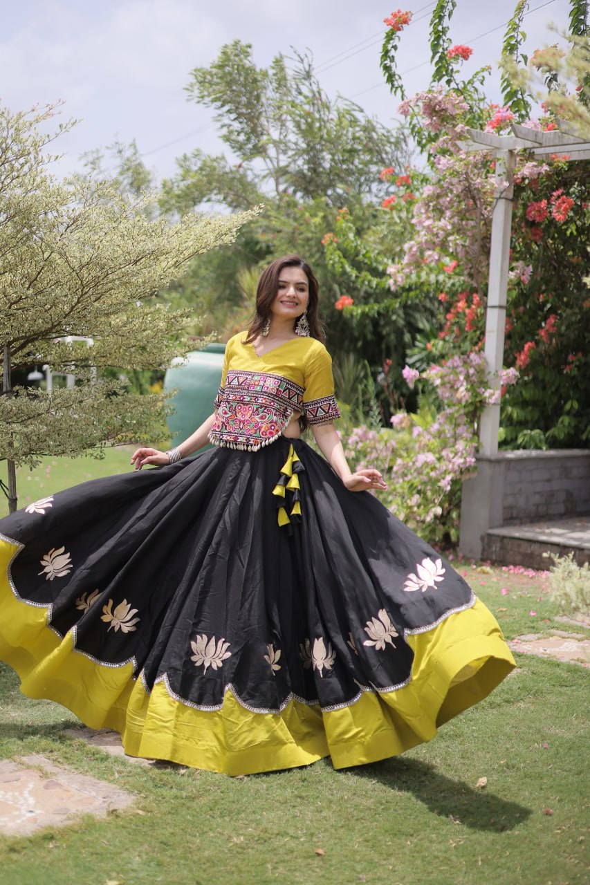 Navratri Roman Fabric Lehenga Choli with Kutchi Gamthi Embroidery