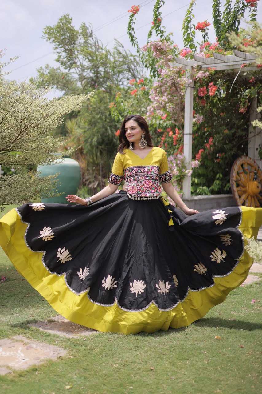 Navratri Roman Fabric Lehenga Choli with Kutchi Gamthi Embroidery