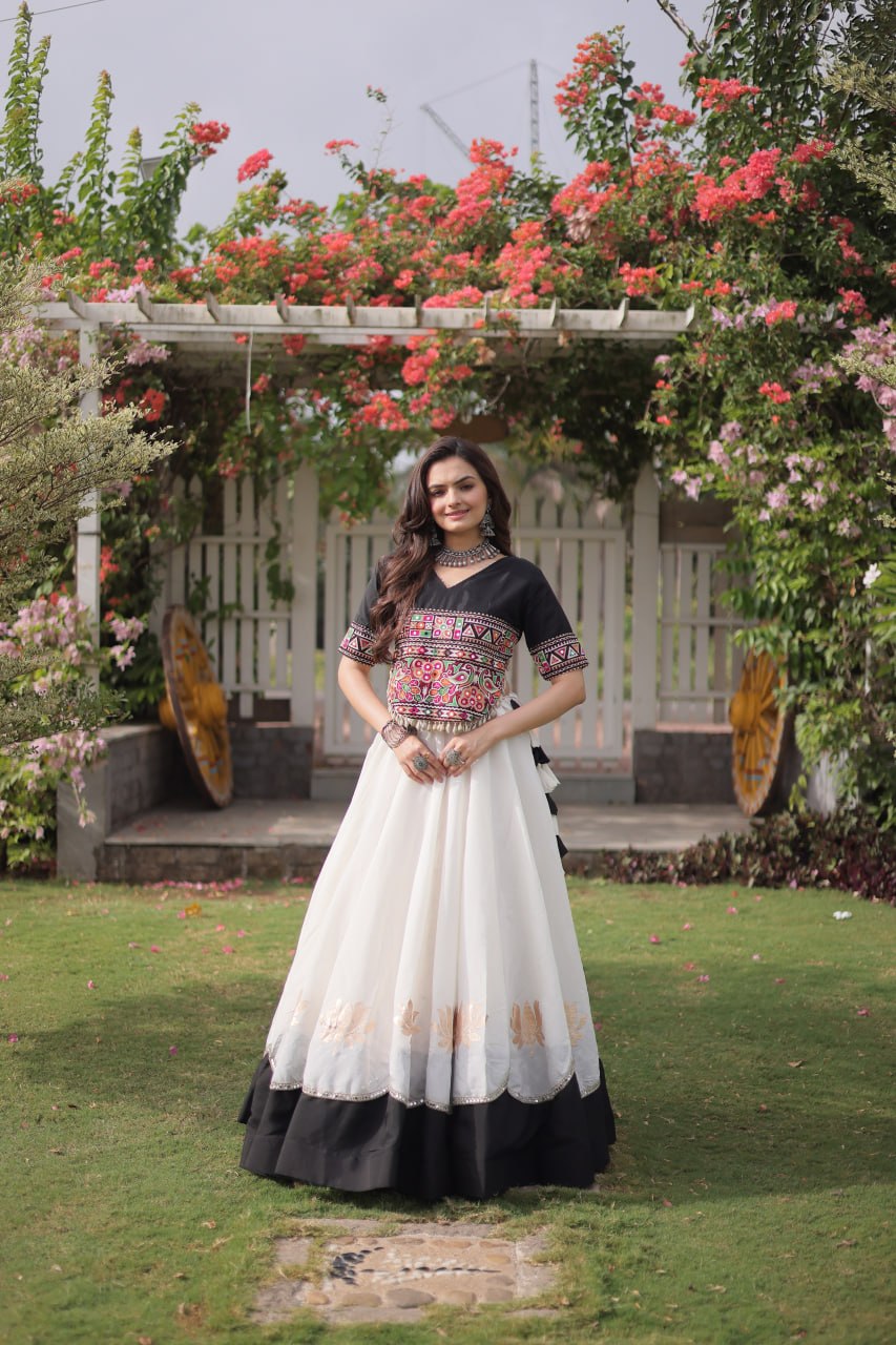 Navratri Roman Fabric Lehenga Choli with Kutchi Gamthi Embroidery