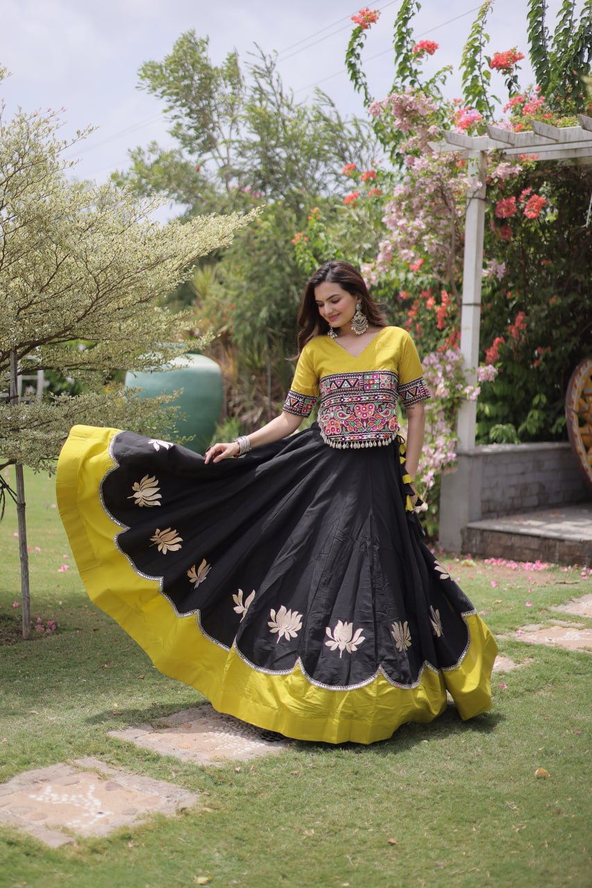 Navratri Roman Fabric Lehenga Choli with Kutchi Gamthi Embroidery