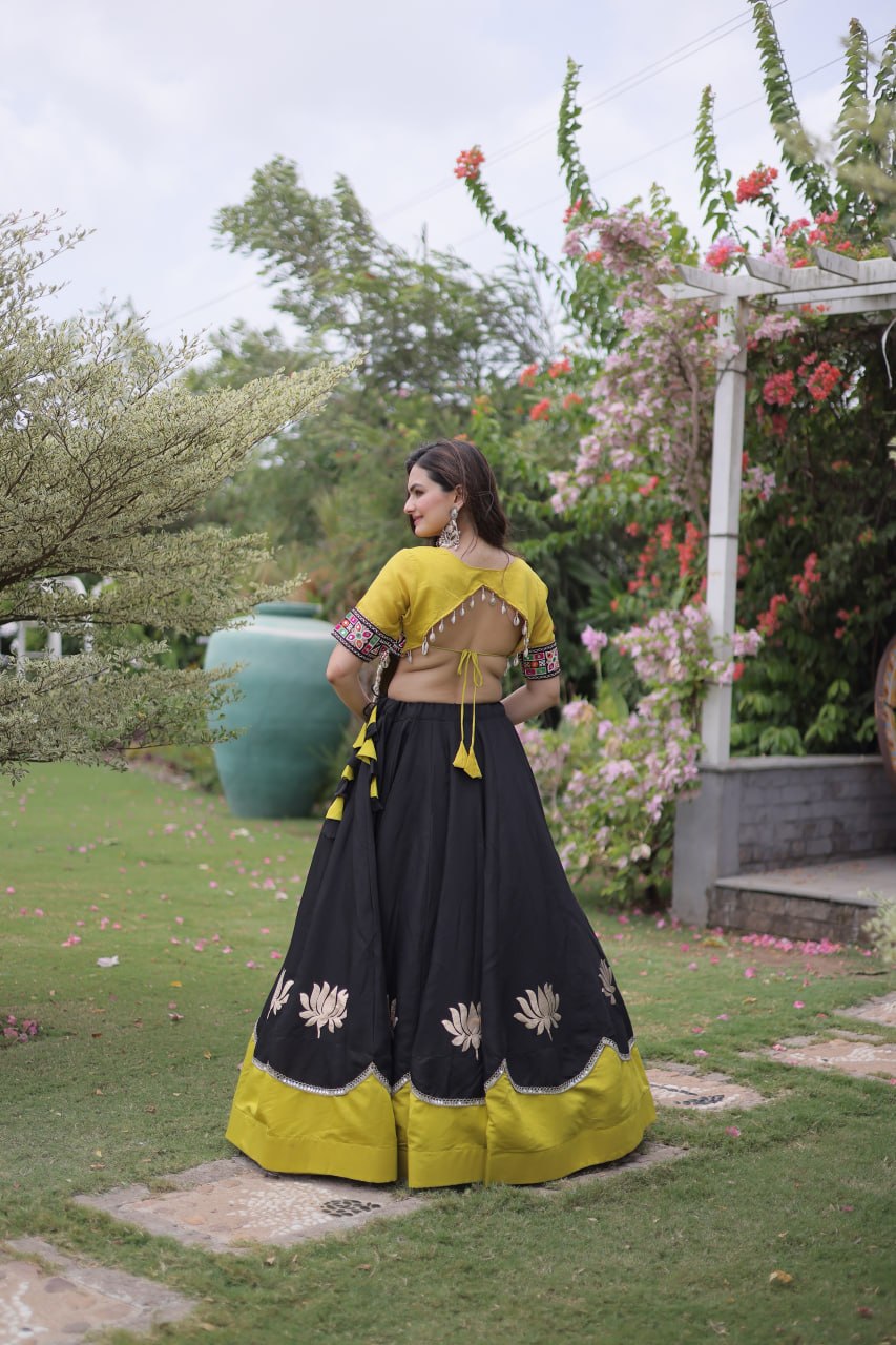 Navratri Roman Fabric Lehenga Choli with Kutchi Gamthi Embroidery