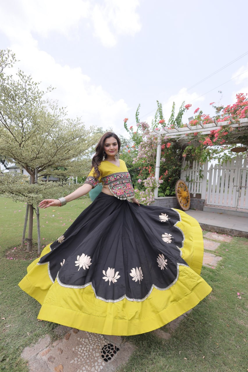 Navratri Roman Fabric Lehenga Choli with Kutchi Gamthi Embroidery