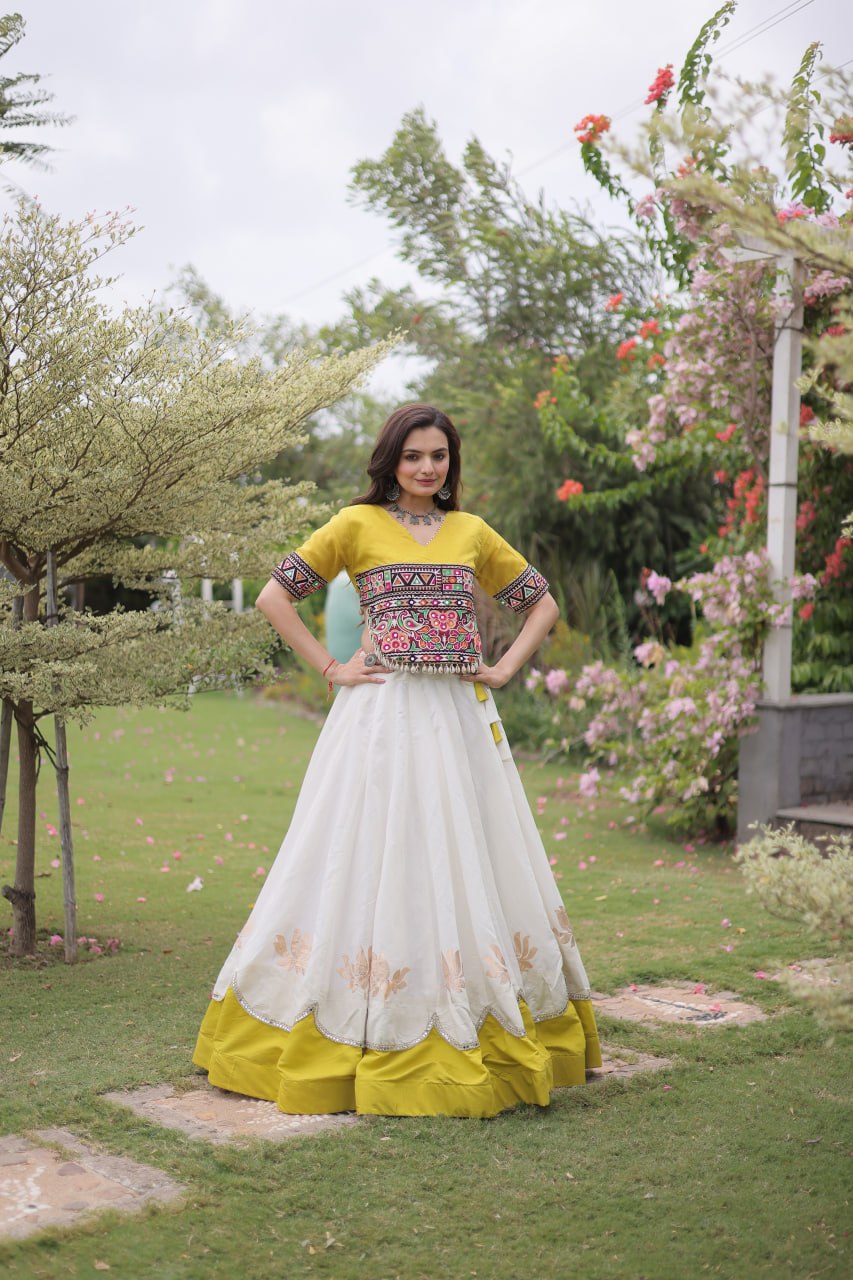 Navratri Roman Fabric Lehenga Choli with Kutchi Gamthi Embroidery