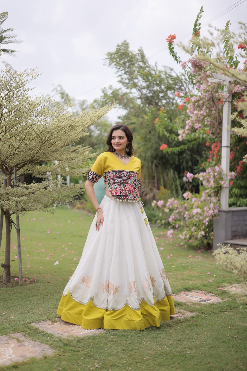 Navratri Roman Fabric Lehenga Choli with Kutchi Gamthi Embroidery