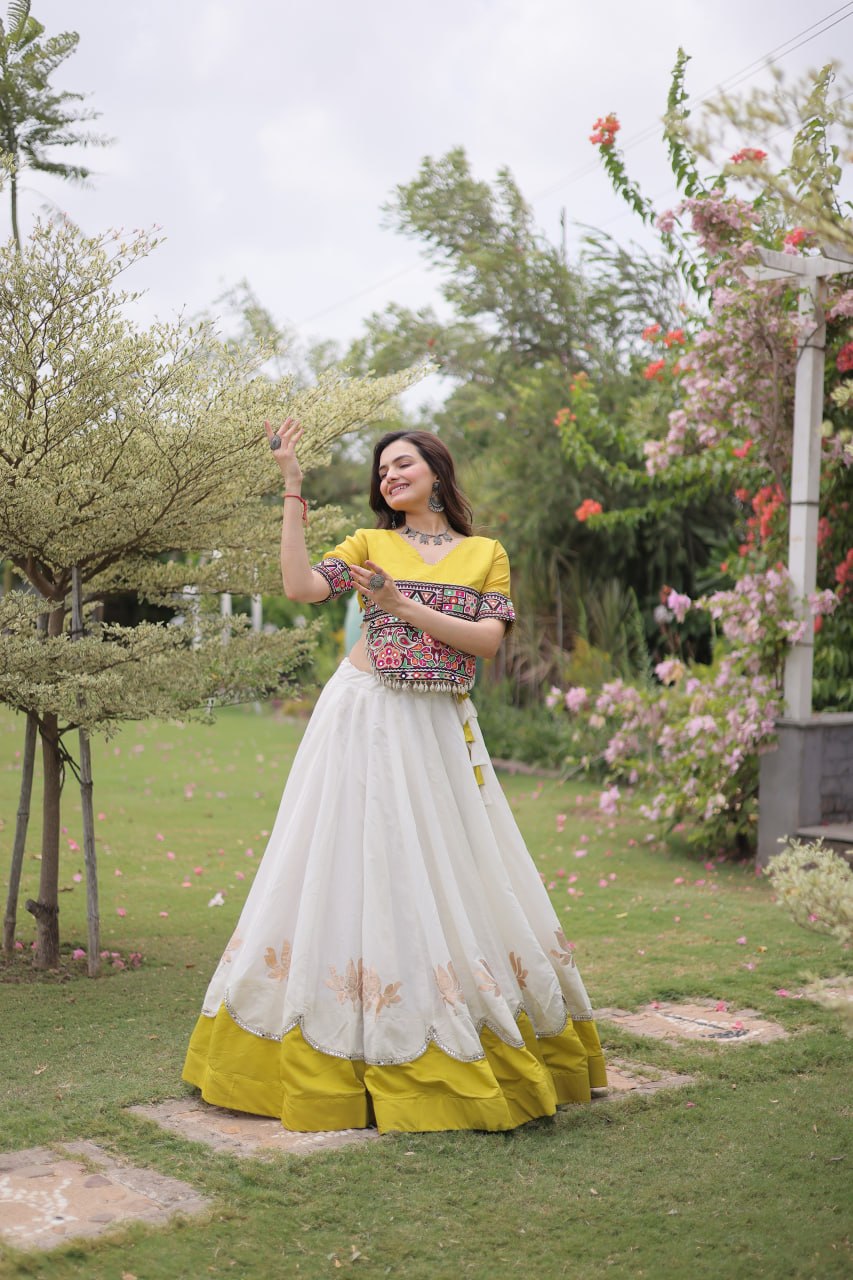 Navratri Roman Fabric Lehenga Choli with Kutchi Gamthi Embroidery
