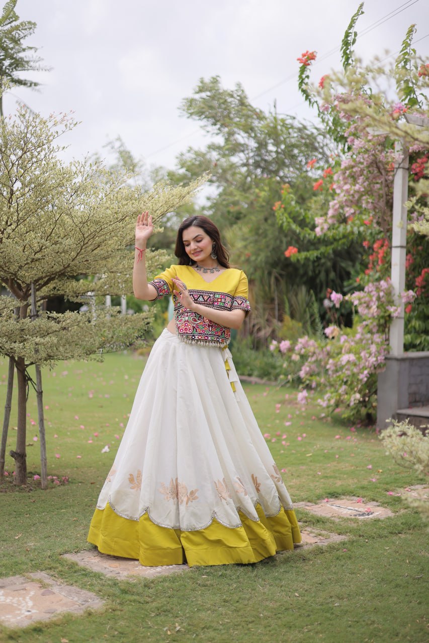Navratri Roman Fabric Lehenga Choli with Kutchi Gamthi Embroidery