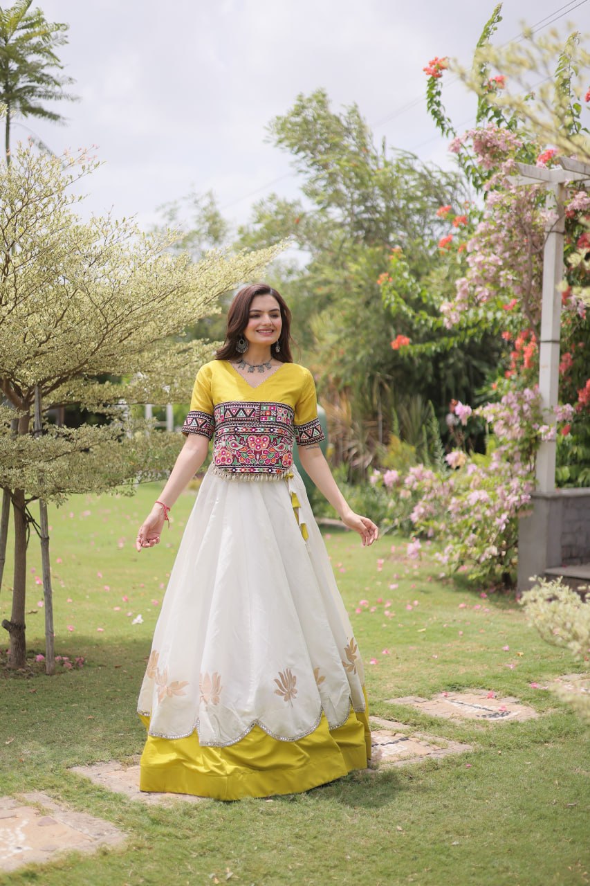 Navratri Roman Fabric Lehenga Choli with Kutchi Gamthi Embroidery